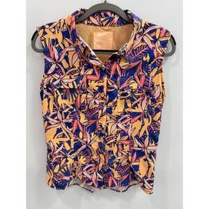 Silver Bait Tropical Print Sleeveless Button Front Fishing Top Blue Womens M